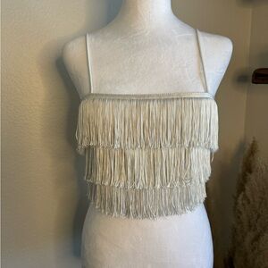 NWT- Endless Rose Off White Fringe Thin Strapped Crop Top w/ Zipper
